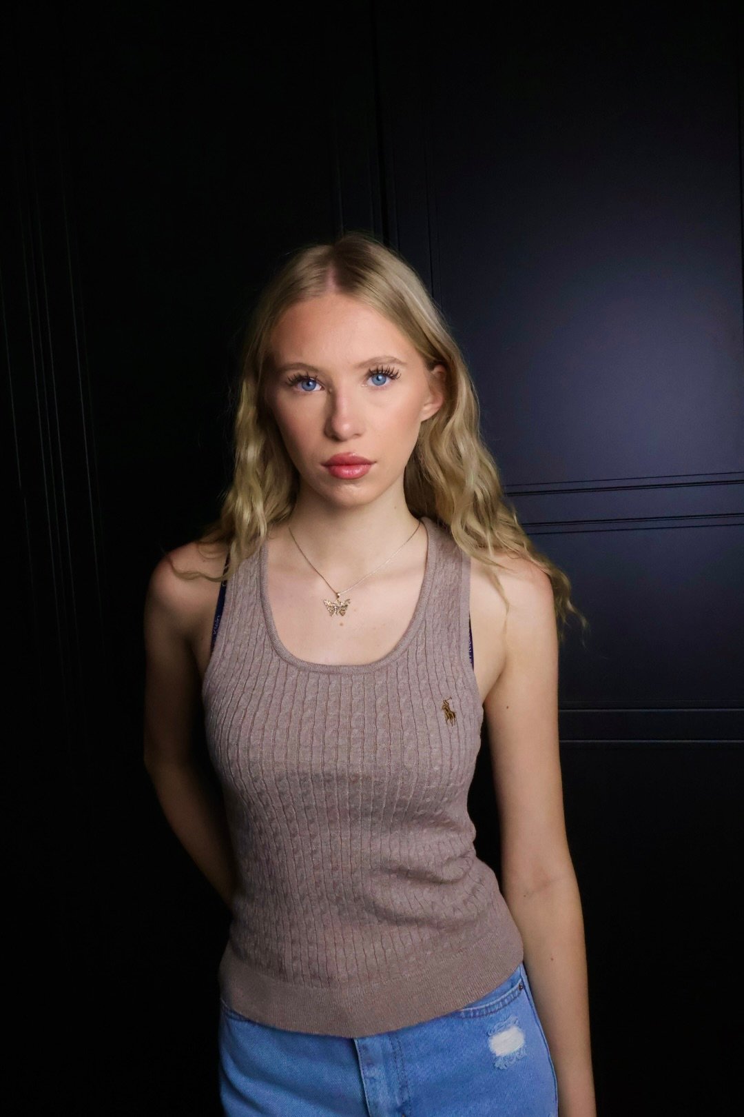 Majica Polo Ralph Lauren bez rukava, pletena, svijetlo smeđa