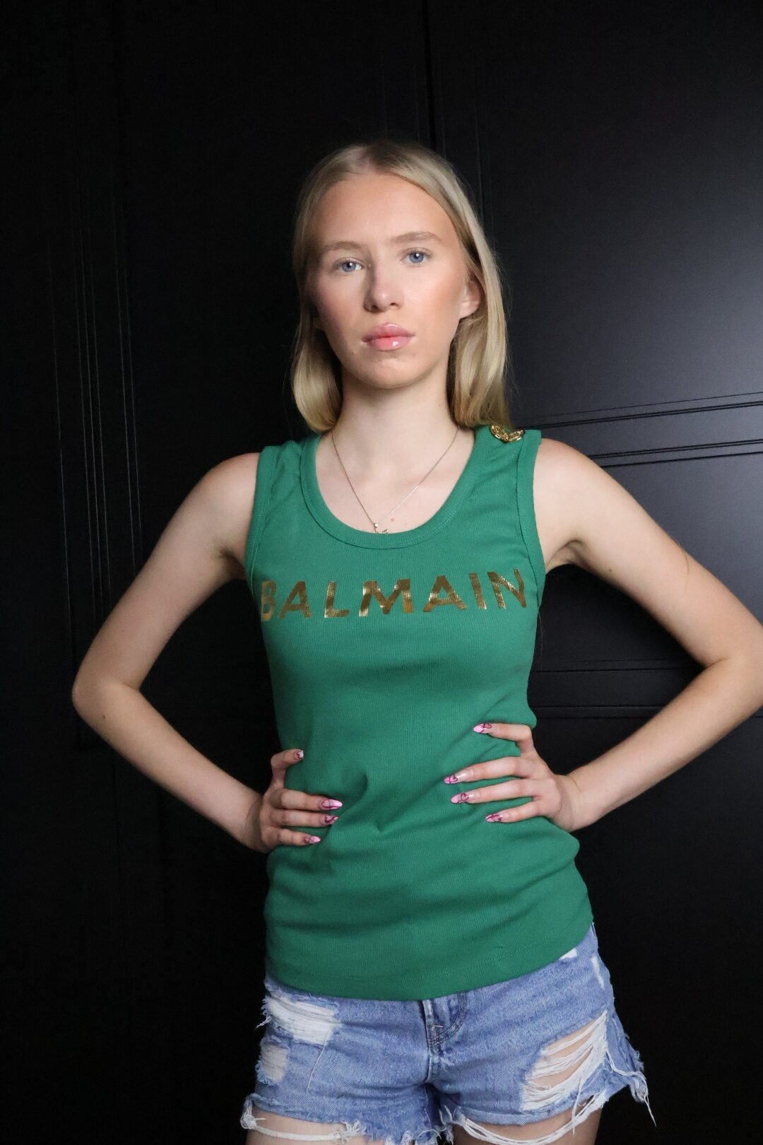 Balmain majica bez rukava / Green / Gold Logo